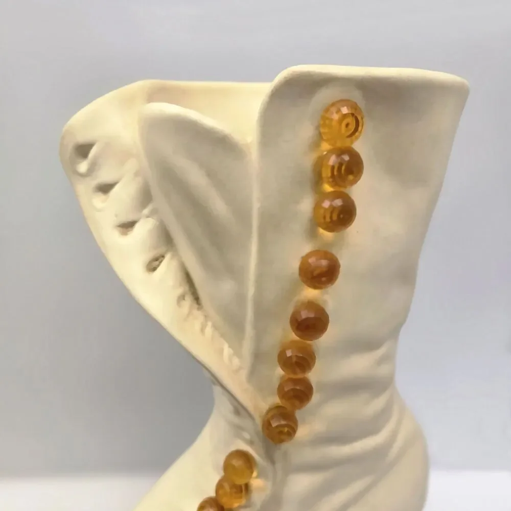 Atlantic Mold White Ceramic Victorian High Top Button Boot Vase Lace Up Shoe Vtg